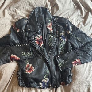 Blank NYC Black Leather Jacket with Floral Embroidery